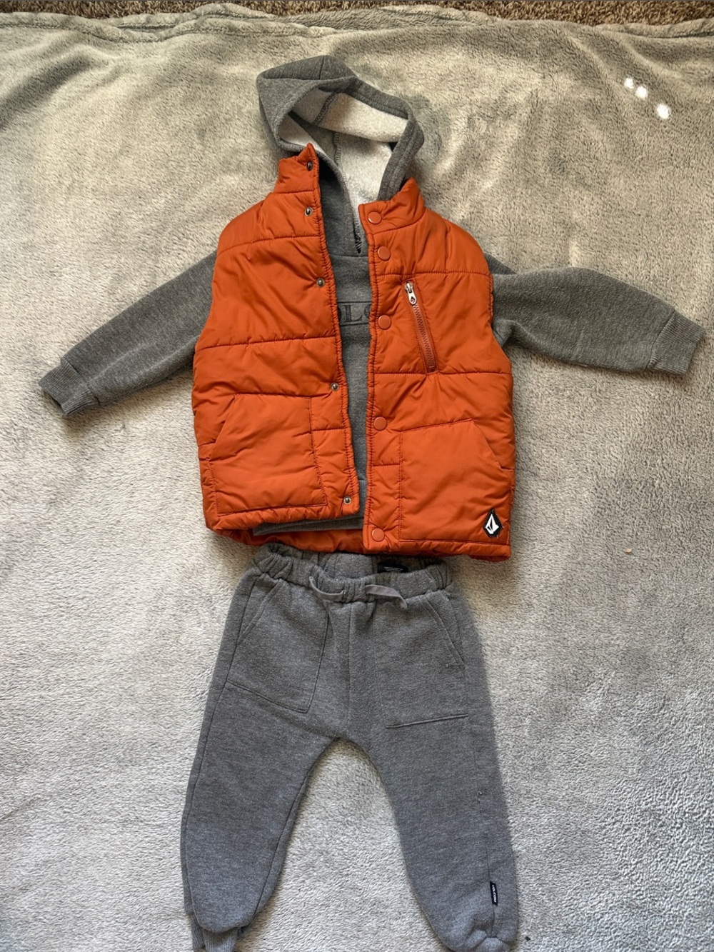 Volcom Orange Puffer Vest with Gray Joggers 3 piece set